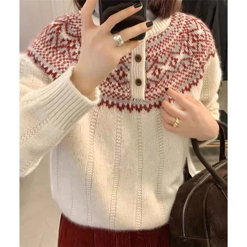 Wool Patterned Half Button Cardigan/Jumper Crew Neck Jumper Women Sweater Tops - Picture 6 of 7