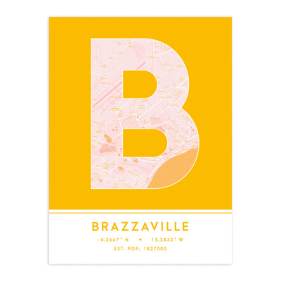 Brazzaville DR Kongo Stadtplan Typografie ungerahmter Wandkunstdruck 12 x 16 Zoll