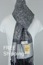 Women's Pashmina Scarf Shawl Wrap Paisley Black Silver 30 Silk 70 Cashmere