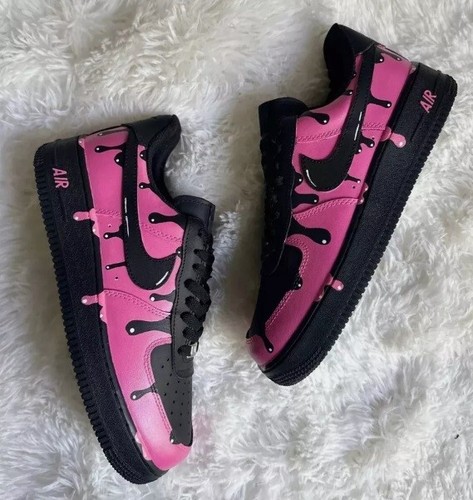 Custom Air Force 1 Metallic Black Pink Dripp/Air Force 1 Custom Shoes NEW In BOX - Picture 2 of 5