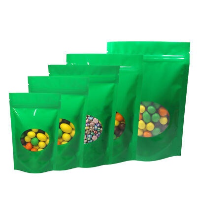 Reclosable Zipper Green Mylar Foil Stand Up Freeze Dried Candy Window Bag Pouch