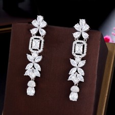 Women Elegant Silver Plated Flower Leaf Cubic Zirconia Long Drop Dangle Earrings