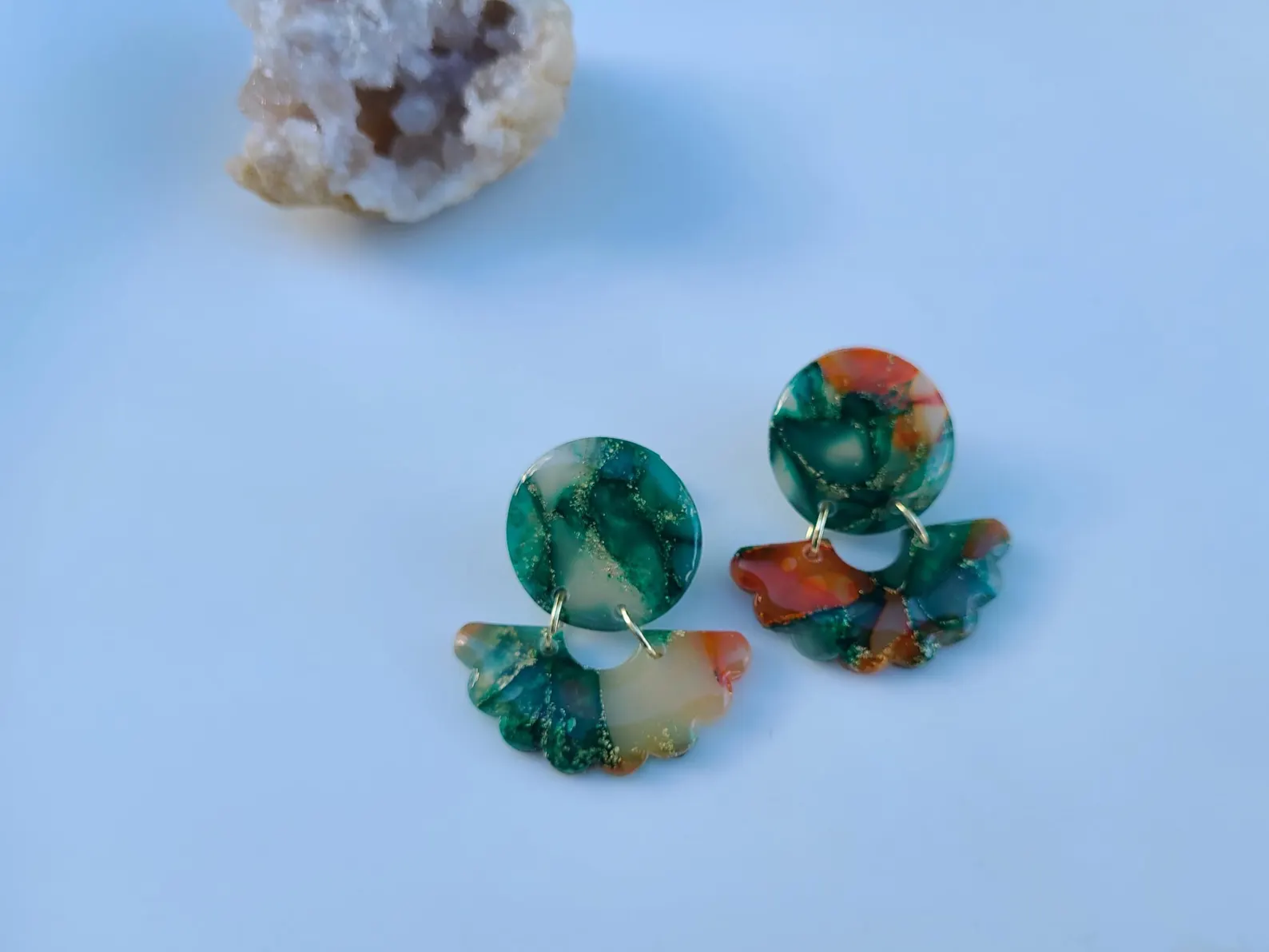 Handmade Green Orange Gold Polymer Clay Dangle Earrings-image