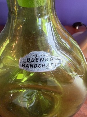 Vintage Blenko #49 Olive Green Pinch Decanter & Stopper Winslow Anderson Foil