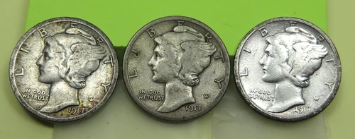 3 Mercury Dimes 1917 Good, 1917-D Very Good, 1917-S Very Good