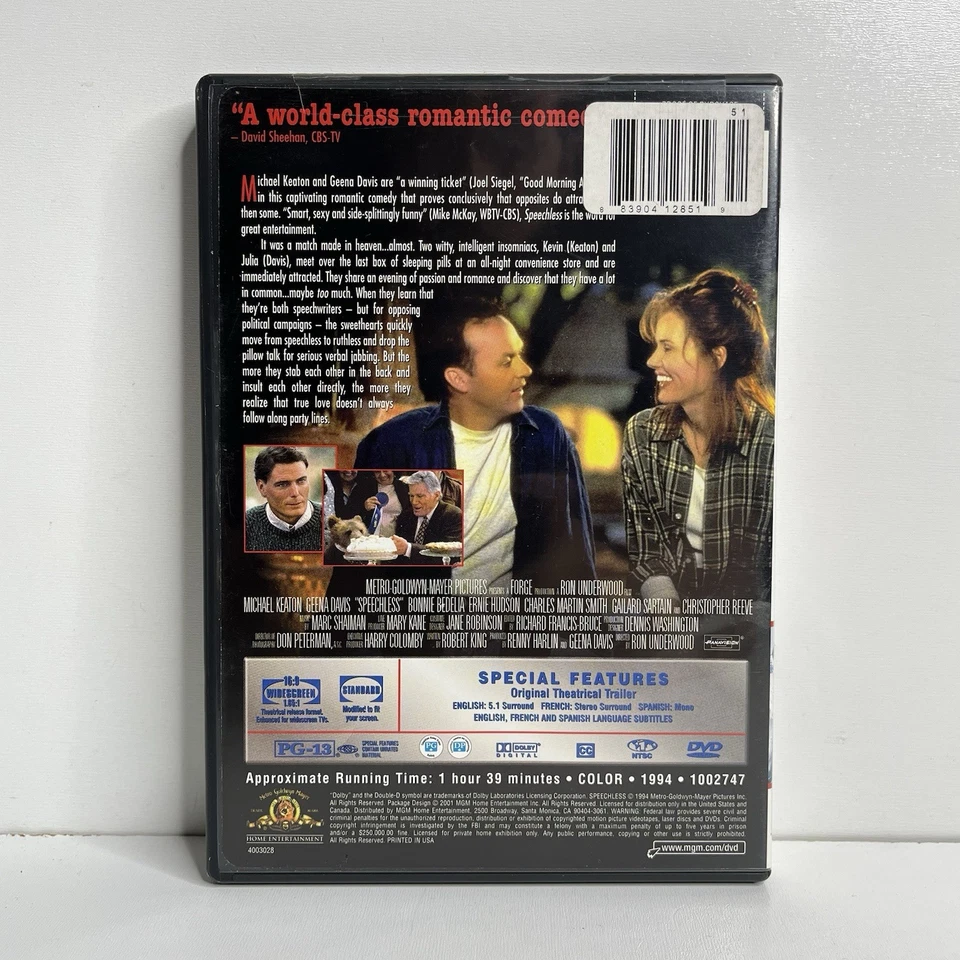 Speechless DVD Michael Keaton Geena Davis, Bonnie Bedelia w/Insert - Image 2 of 4