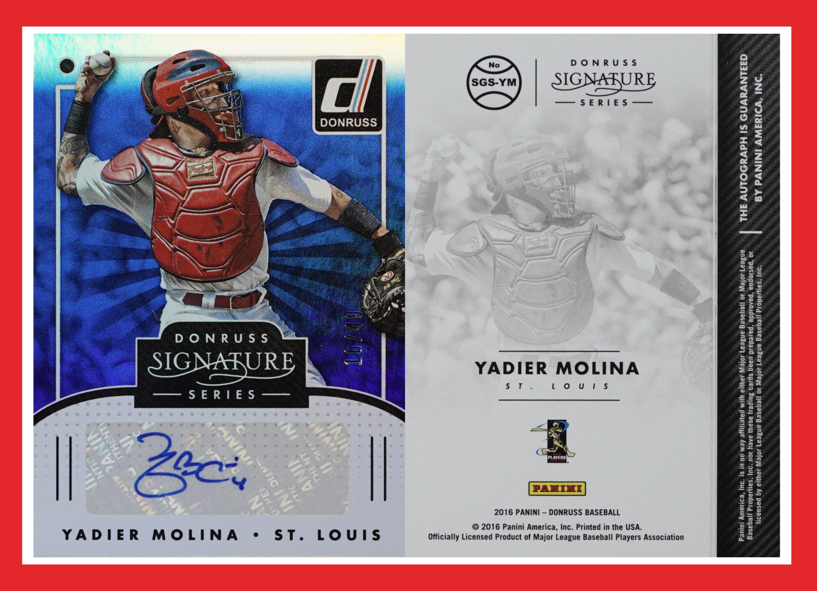 Yadier Molina #SGS-YM Baseball Cards 2016 Panini Donruss Signature Series trading card — raw and PSA graded price guide