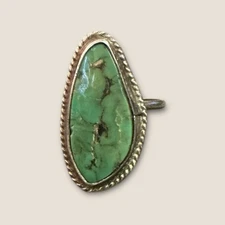 Vintage Green Turquoise Sterling Silver Ring Size 5.25 Oval  Rope Design READ