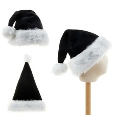 Black Plush Santa Hat for Adults Thick Christmas Holiday Party Costume