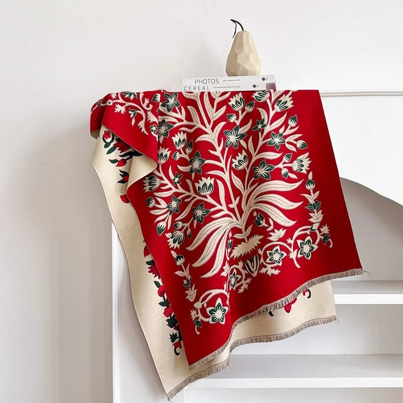 Bufanda Reversible Tree of Life Chal Rojo Beige Floral Bohemio De Gran Tamaño Foto 3 de 4