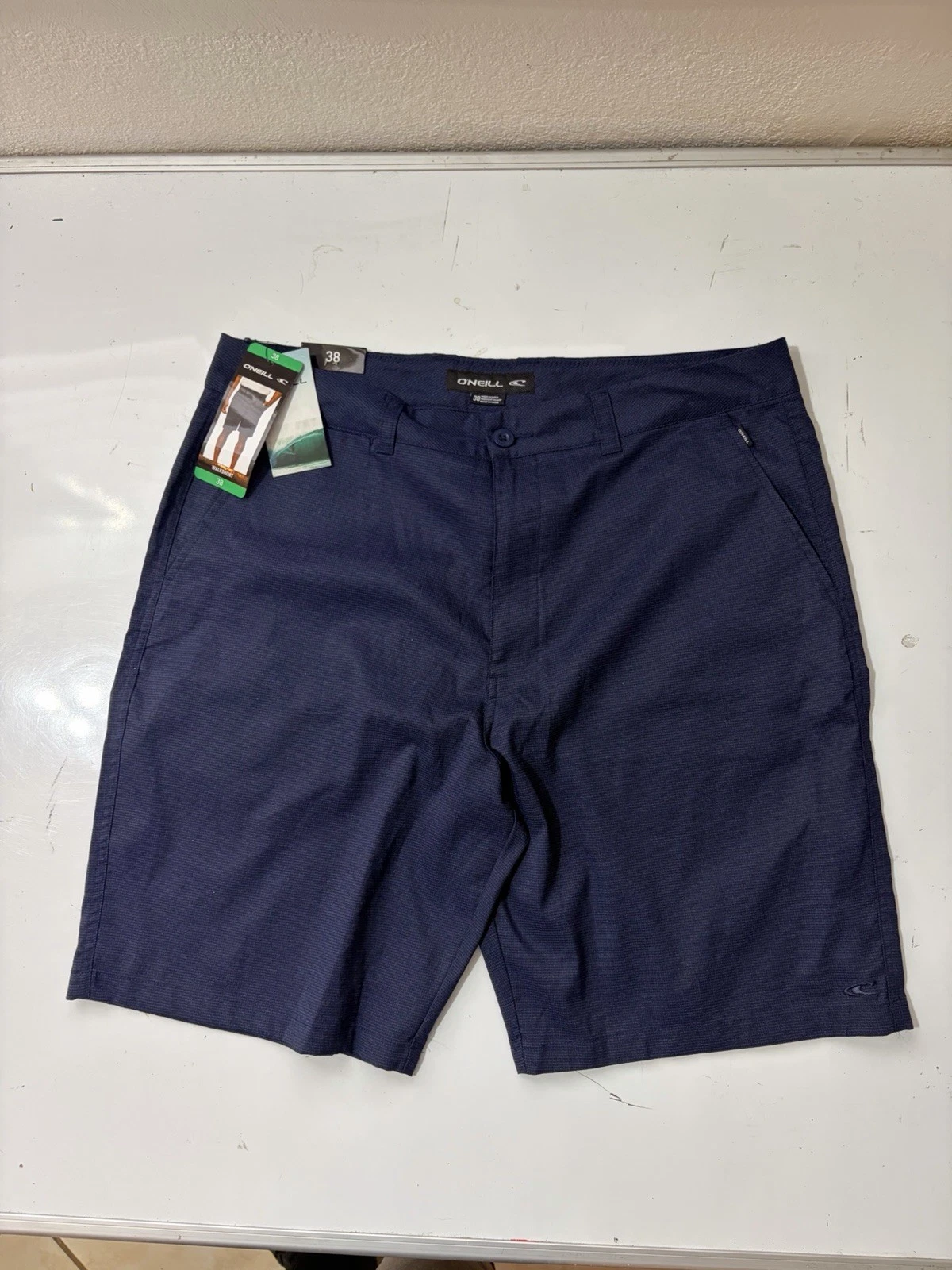 NEW O’NEILL Mens sz 38 Navy Blue Flat Front Chino Shorts Viscose blend Surf EUC