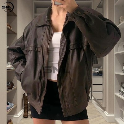 Women Dark Brown Genuine Leather Jacket Oversized Vintage Zip Coat