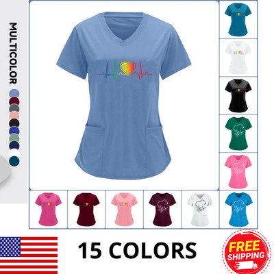 Women Shirt Working Uniform Pocket Pet Nurse V Neck Clothing Hospital Scrub Tops