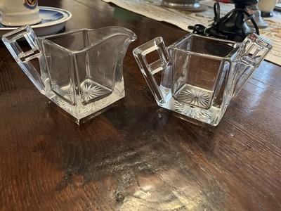 Vintage Heisey Quator Clear Square Sugar & Creamer Cut Glass Floral Art Deco 