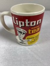Lipton Brisk Tea Advertising Coffee Mug Cup Red Yellow Thomas Lipton 4&rdquo; Tall