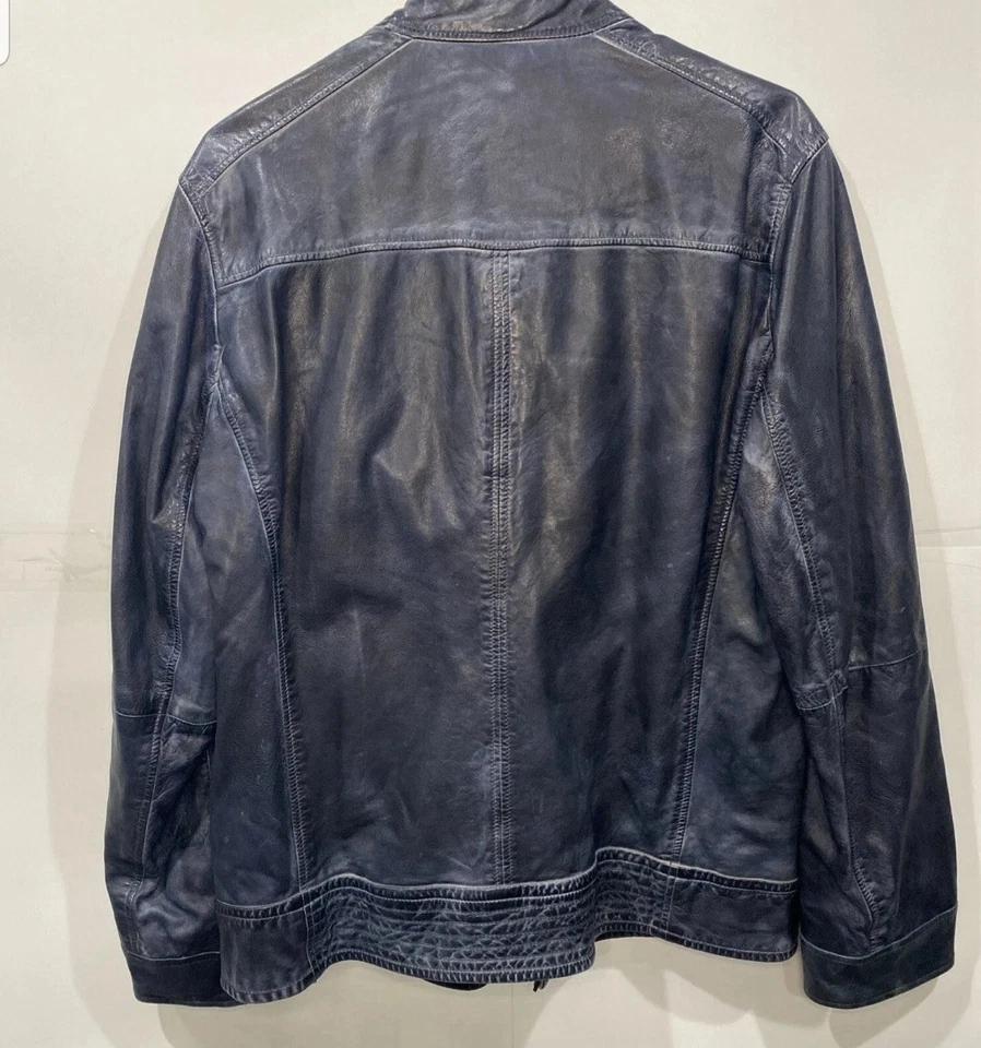 Vintage Hugo Boss Orange 42R Mens Leather Midnight Blue Biker Jacket Rare Coat - Image 2 of 4