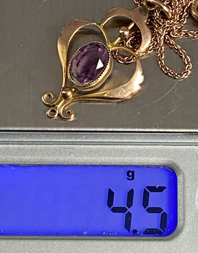 Antik um 1900 Jugendstil 9 kt Gold Amethyst Tropfen Anhänger Halskette & Kette - Bild 15 von 15