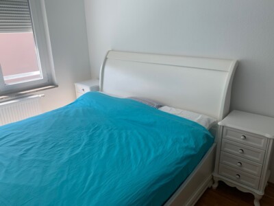 bedroom all white. 1 bed with mattress 180x200, 2xside-dresser, 1x big-dresser, 