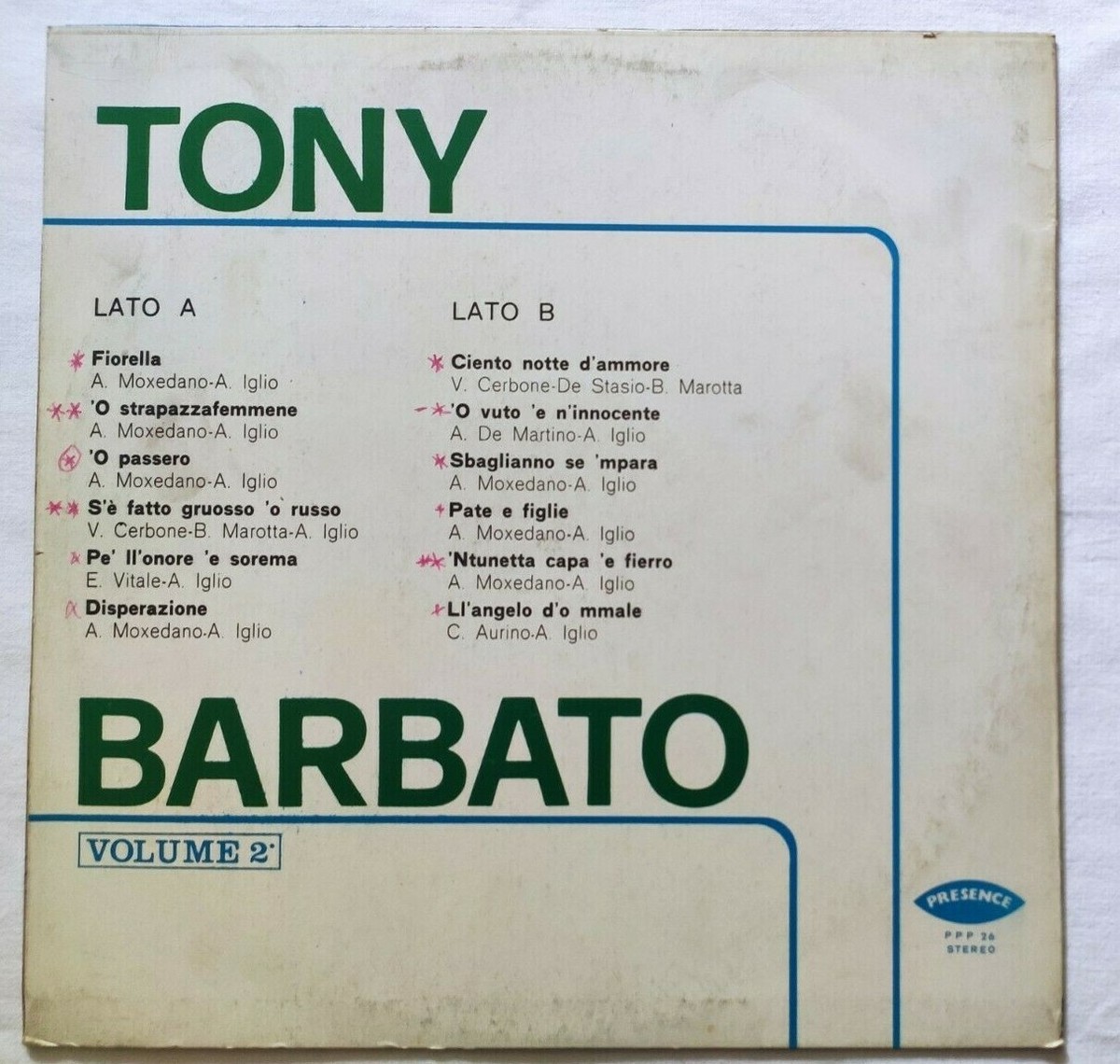 Tony Barbato LP Volume 2 33 RPM Vinyl Italy Presence Record