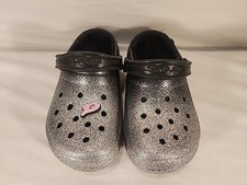 CROCS Girls Fur Lined Black Glitter Slip-on Clogs Shoes Fuzzy Charms Sz M4 W6   