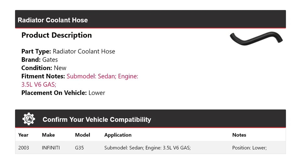 Para Infiniti G35 2003 sedán 3,5 L V6 gas radiador refrigerante manguera puertas inferiores Foto 2 de 4