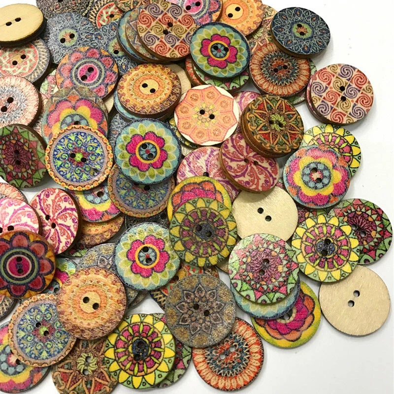 100Pcs 2 Holes Mixed Printing Round Pattern Wood Buttons Scrapbooking 15-25mm UK - Image 3 of 4