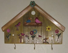 Hand Crafted Wall Hanging Reclaimed Wood 3 Key Hooks Sculpey Clay Birds Flowers