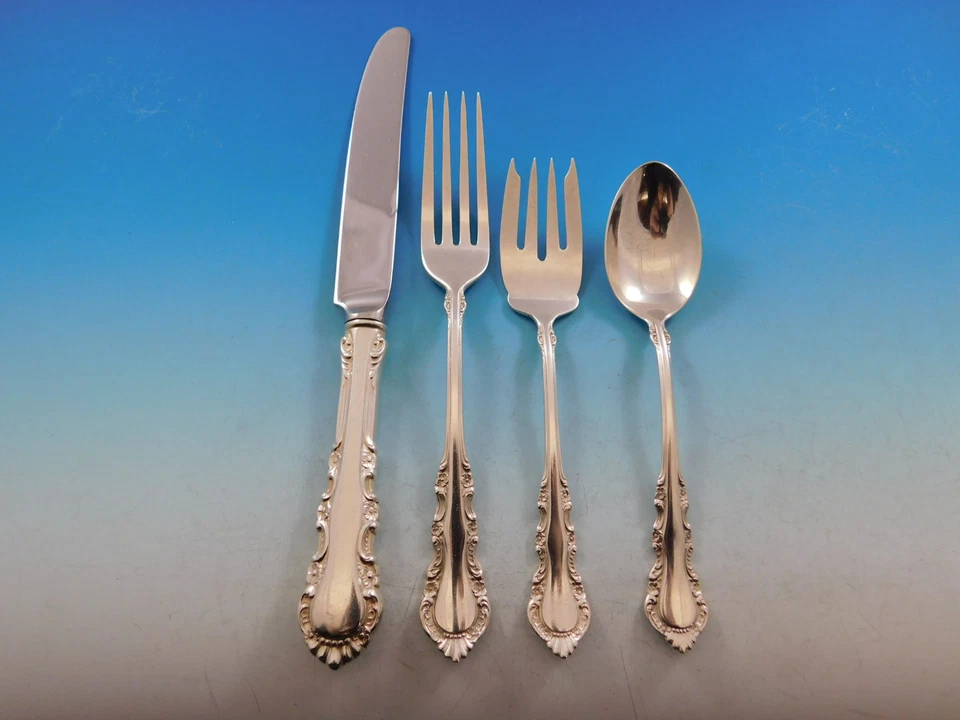 Conjunto de serviço de talheres de prata esterlina Georgian Rose by Reed & Barton 54 peças - Imagem 3 de 4