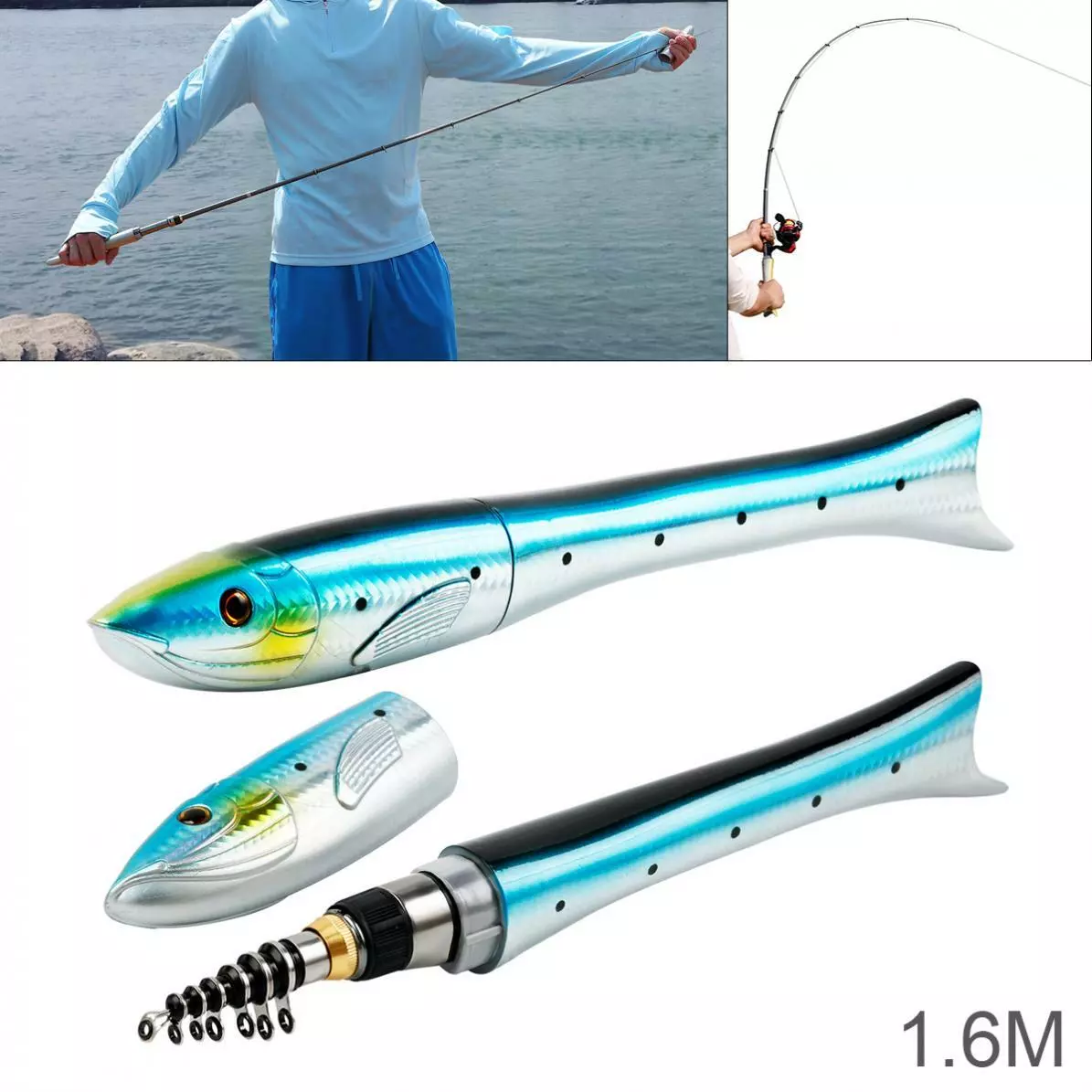 1.6m Telescopic Carbon Fishing Rod Fish Shaped Mini Pocket Pen Sea Ice Fish  Pole