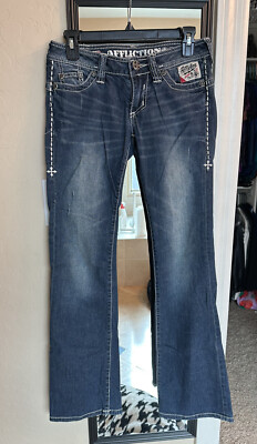 Affliction Jeans Women Denim Tag 25 Flare Boot Loud Fast Leather Detail 29 x 31