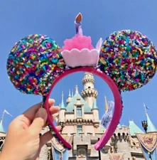Disney-Parks Headband Birthday Cake Colorful Sequins Mickey Minnie Mouse Ears
