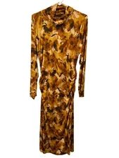 IMAN Global Chic Printed Turtleneck Dress Size XL Long Sleeve Gold Bohemian Chic