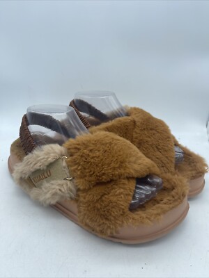 KuaiLu Women's Fuzzy Cross Band Platform Slippers Ankle Strap Size 10