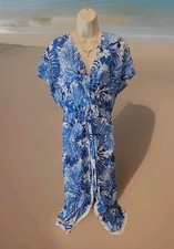 America & Beyond Blue Tropical Maxi Dress Boho Resort Vacation Flowy Beach Med