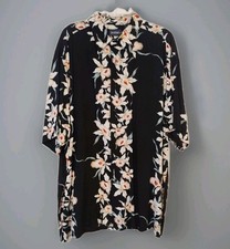 90s Puritan Floral Hawaiian Shirt Mens Large Short Sleeve Black Ivory Button Up