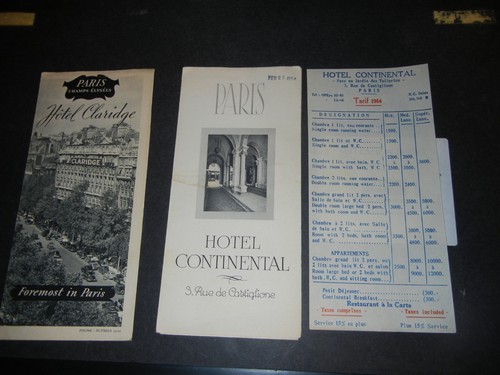 1950'S PARIS HOTEL TRAVEL BOOKLET PAIR  CLARIDGE, CONTINENTAL ORIGINAL FREE SHIP
