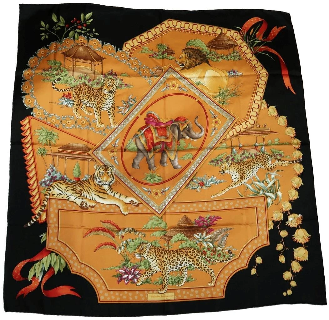 SALVATORE FERRAGAMO Elephant & Jungle Cats 100% Silk Scarf, Orange, Black, 34"