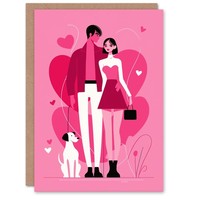 Couple On Romantic Walk With Dog Bold Modern Pink Valentine's Day Card