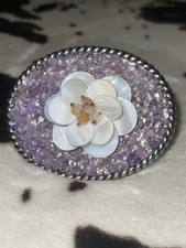 Floral Mother of Pearl Amethyst Belt Buckle Purple White Silver Metal