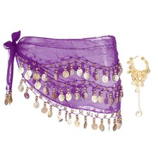 Belly Dance Hip Scarf 55x10" with 98 Gold Coin  Bracelet, Dark Purple