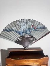 VTG Asian Large Hand Painted Fan Wall Hanging Floral Birds Silver