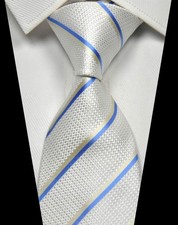 New Skinny Stripe White Baby Blue Woven 100% Silk Fashion Men's Tie Necktie