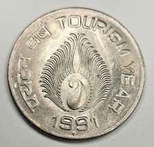1991 India 1 One Rupee - Indian Coin - Tourism Year - Copper Nickel - World Coin