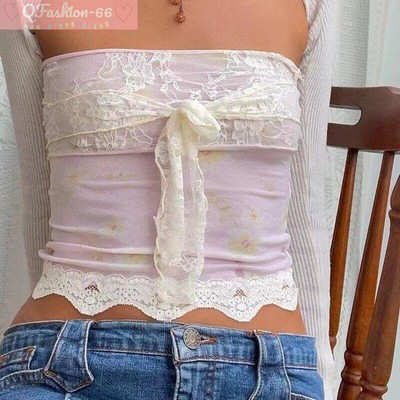 Fairycore Tube Top y2k Aesthetic Floral Lace Patchwork Strapless Off Shoulder
