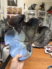 Leaf Shaped Glazed Pottery Bowl 14 inch Signed Folk Art