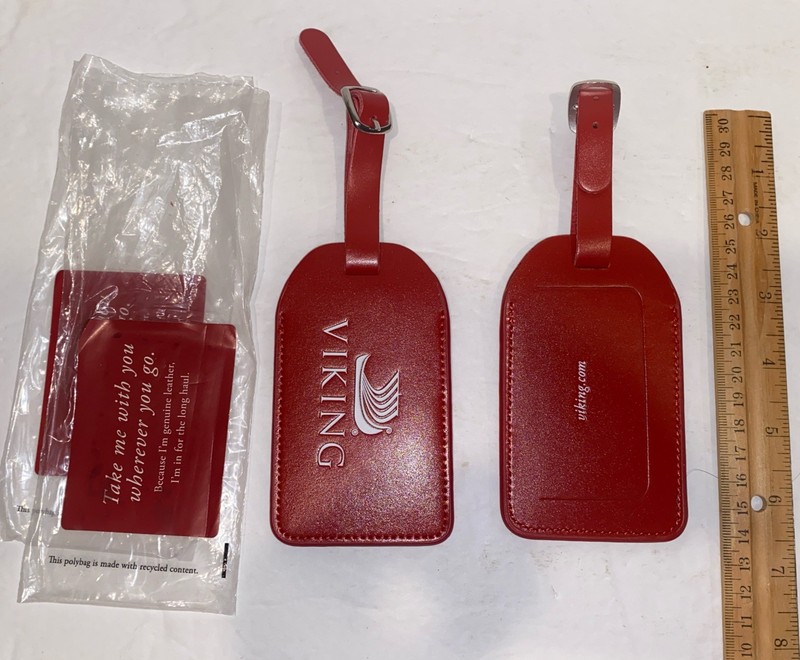 Lot of (2) NEW Viking Red leather luggage tags New