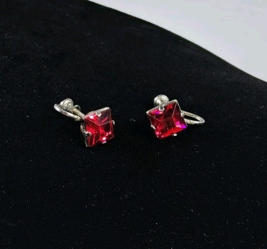 Ruby Red Rhinestone Sterling Silver Screw Back Ea… - image 7