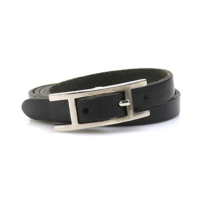 Authentique bracelet HERMES Api noir/argent cuir/métal - e60669a - Photo 1/4