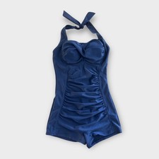 Vintage Inspired Halter One Piece Swimsuit Blue Ruched Retro Style Size M