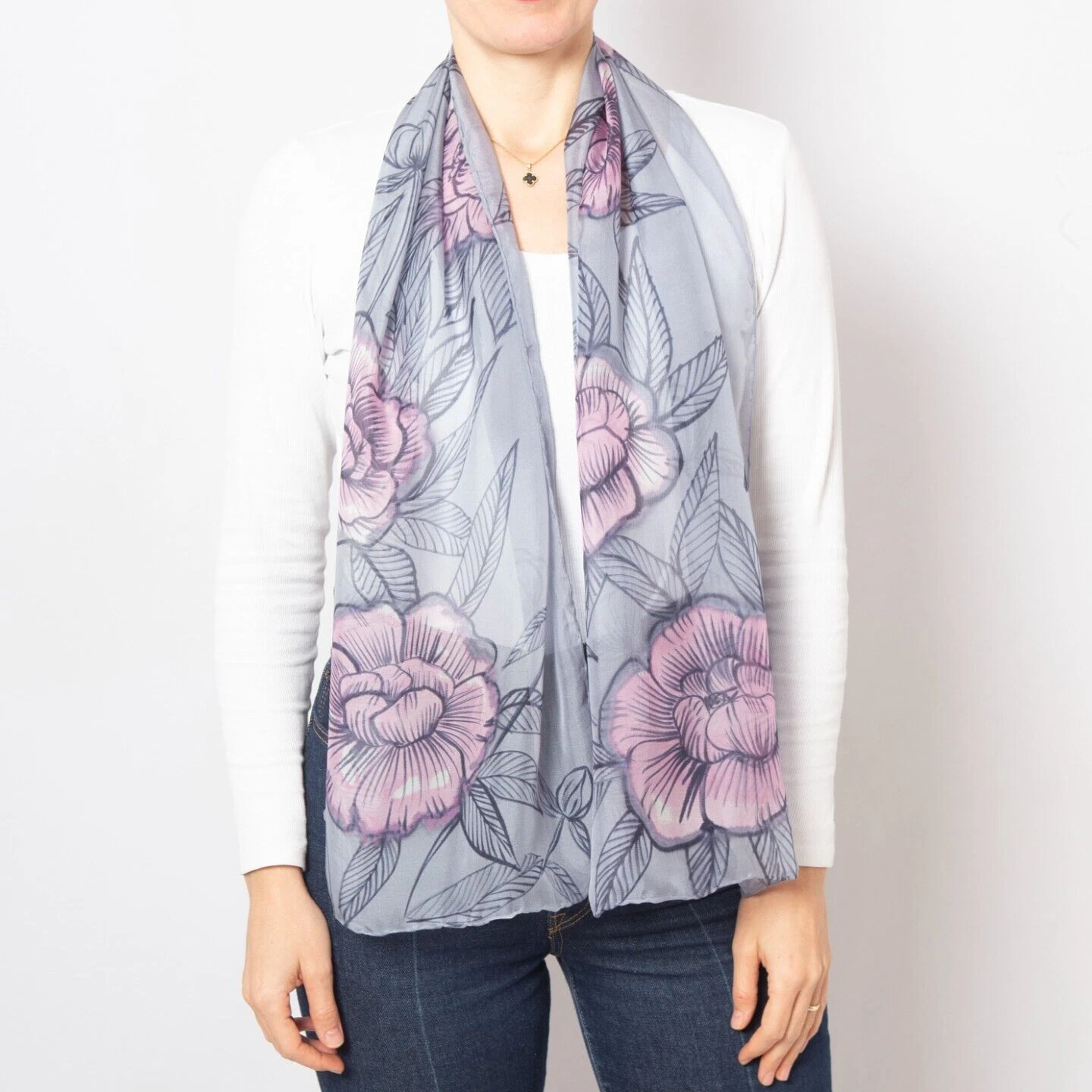 Hand Painted Silk Scarf Grey Chiffon Scarf Peony Print Gift for Her Summer Scarf